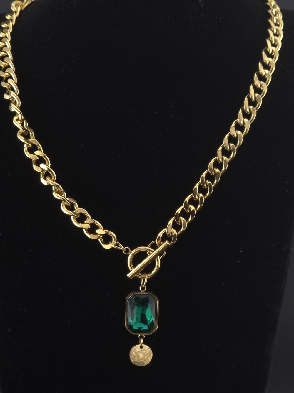 Gold-Tone Chain Necklace with Green Charm  Pendant - Picture 3 of 6